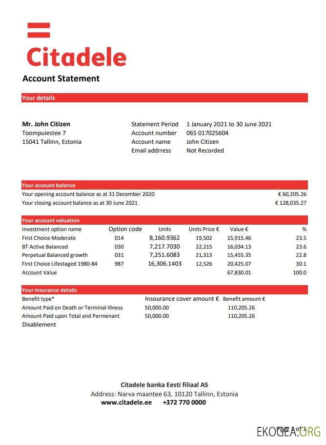 Modèle de relevé bancaire Estonie Citadele banka Eesti filiaal AS au format Excel et PDF